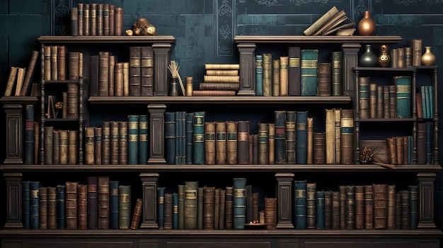 Bibliothek Eine große Wand voller Bücher und alter Dinge
