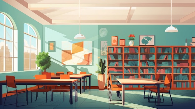 Bibliothek mit Bücherregalen und Tischen, Illustration AI generiert