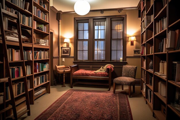 Bibliothek mit Bücherstapeln und Leseplatz in der Ecke, erstellt mit generativer KI