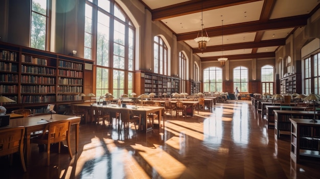 Bibliothek mit großer Decke und einer großen Decke mit einem von der Decke hängenden Kronleuchter.