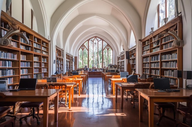 Bibliothek mit Reihen von Bücherregalen, die in einem Bogen und einem Studienbereich angeordnet sind