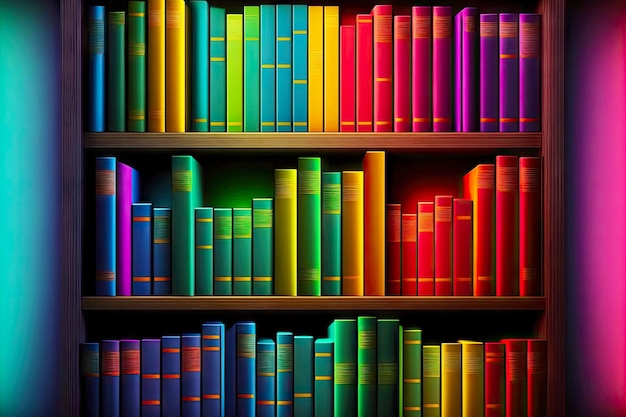 Bibliothekskonzeptbücher in Regenbogenfarben im Schrank auf Regalen, erstellt mit generativer KI
