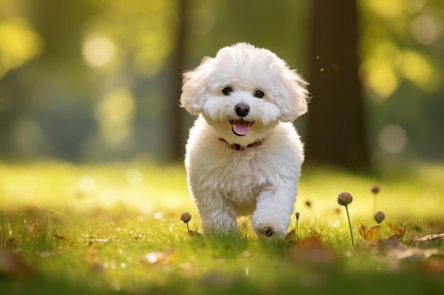 bichon frise corriendo sobre hierba