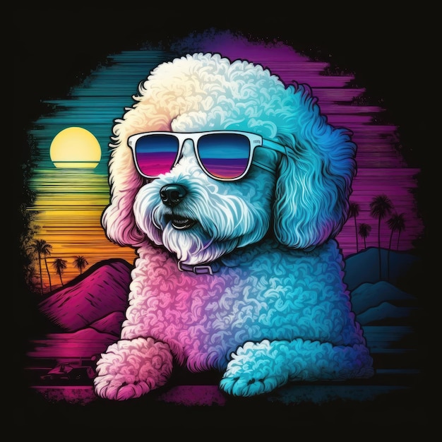 Bichon Frise Dog 80s Synthwave Camiseta detallada Arte vectorial con colores vivos IA generativa