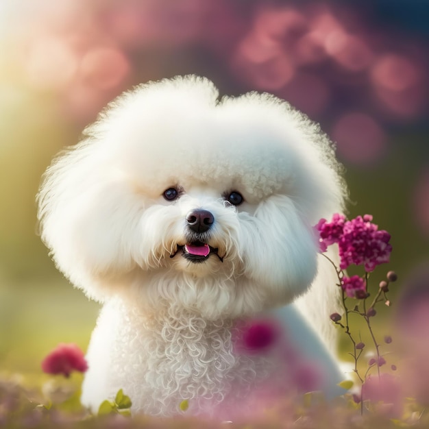 Un bichon frise se sienta en un campo de flores.