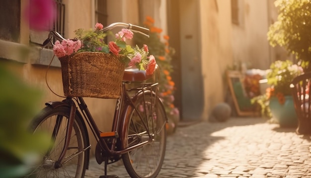 Bicicleta à moda antiga carrega buquê pelas ruas da cidade gerada por IA