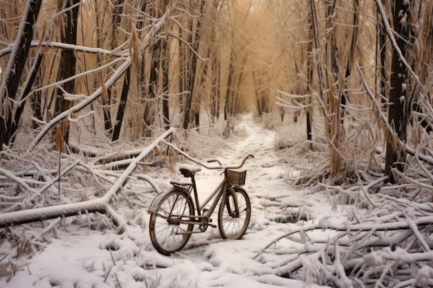 Bicicleta abandonada cercada por pegadas de animais na neve criada com IA generativa