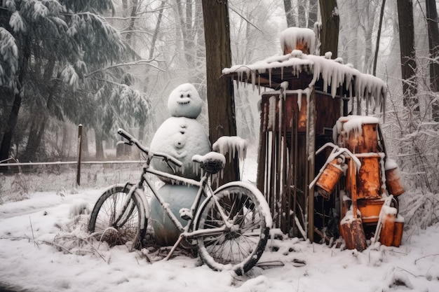 Bicicleta abandonada com um boneco de neve construído ao lado em um parque de inverno criado com IA generativa