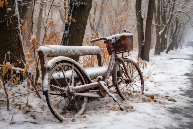 Bicicleta abandonada junto a um banco coberto de neve no parque criado com IA generativa