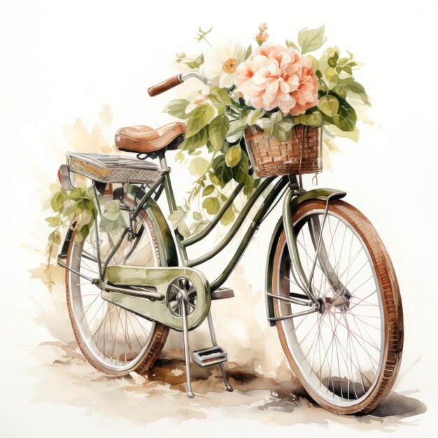 Foto bicicleta acuarela con flores en la canasta aislada sobre fondo blanco