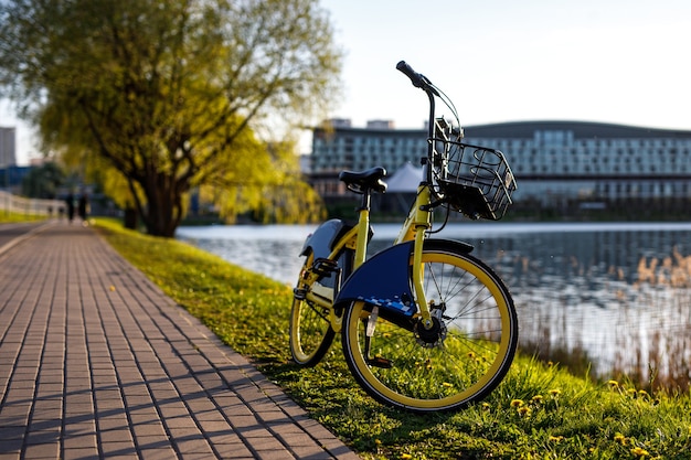 Bicicleta de alquiler amarilla en la ciudad. Puesta de sol cerca del estanque.