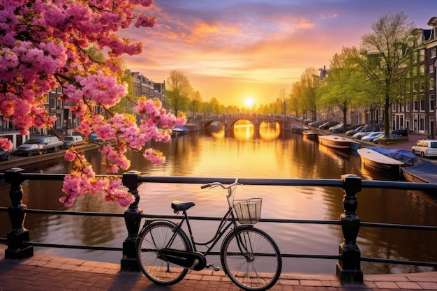 Bicicleta en Ámsterdam Países Bajos hermoso paisaje de primavera en Holanda hermoso amanecer sobre Ámsterdam los Países Bajos con flores y bicicletas en el puente en primavera AI generado