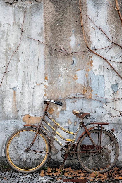 Foto una bicicleta antigua apoyada en la pared