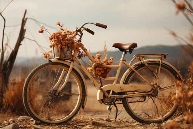 Bicicleta antigua con una cesta llena de flores.