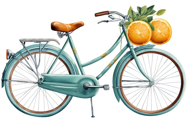 Una bicicleta antigua con una cesta de naranjas.