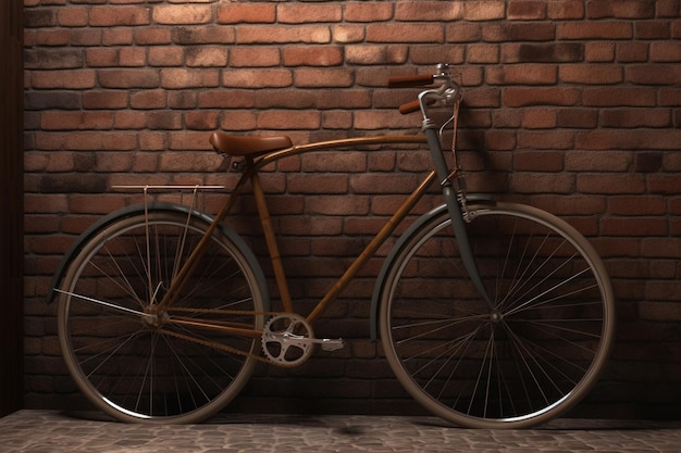 Una bicicleta antigua contra una pared de ladrillos.