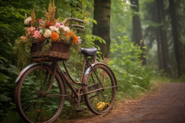 Bicicleta antigua con flores en la canasta fondo de la naturaleza creado con ai generativo