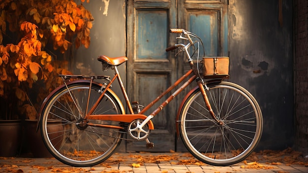 Una bicicleta antigua de pie en la vieja calle contra una puerta vieja