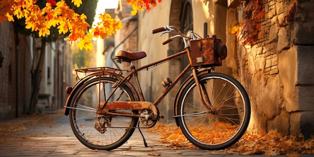 Foto una bicicleta antigua de pie en la vieja calle