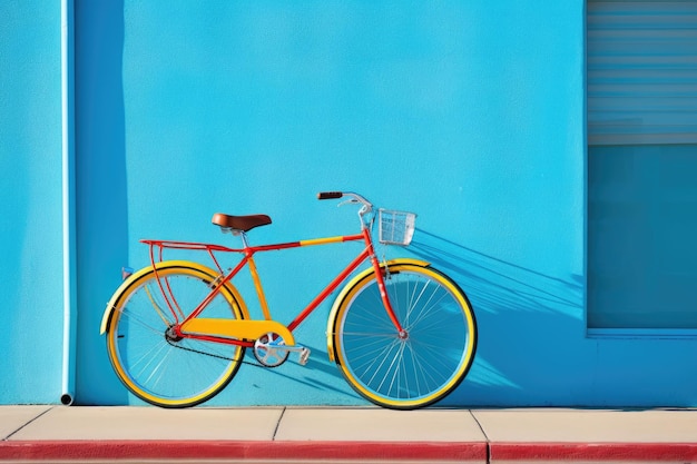 bicicleta apoiada contra uma parede urbana azul brilhante