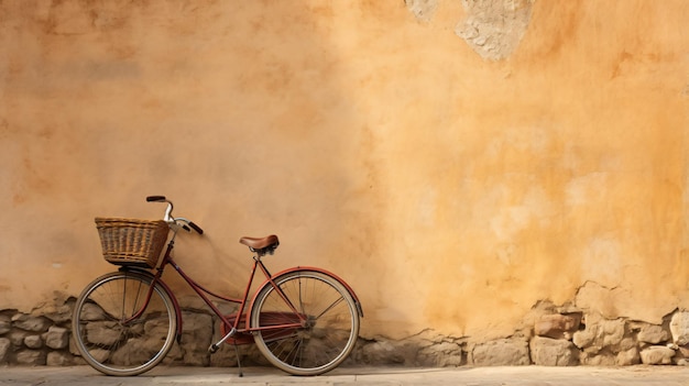 Una bicicleta apoyada contra una pared con una cesta encima.