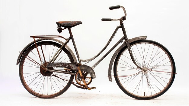 Foto una bicicleta con un asiento oxidado y la rueda trasera está de pie contra un fondo blanco