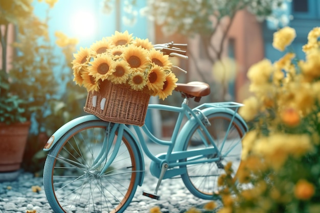 Una bicicleta azul con una canasta de girasoles Imagen de IA generativa