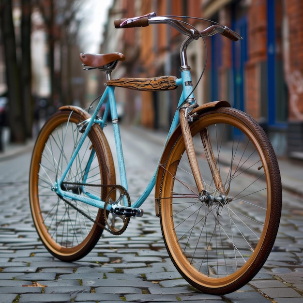 una bicicleta azul está estacionada en una calle de ladrillo con un edificio de ladrillos en el fondo