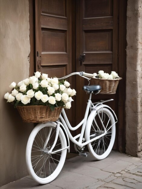 Una bicicleta blanca adornada con cestas llenas de rosas blancas