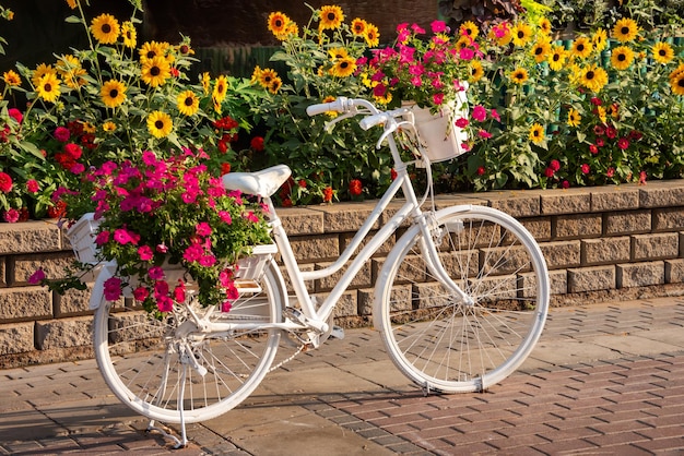 Bicicleta blanca con flores en un jardín.