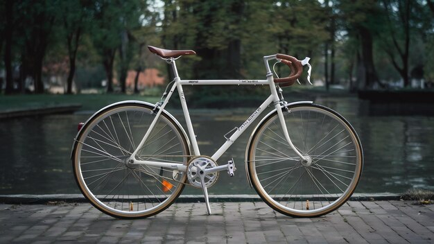 Bicicleta blanca de pie en el parque por la mañana fitness soledad