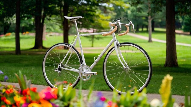 Bicicleta blanca de pie en el parque