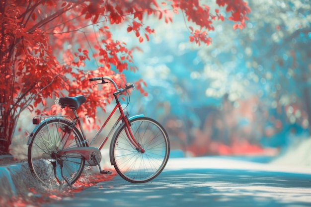 una bicicleta en el bosque con un árbol rojo en el fondo