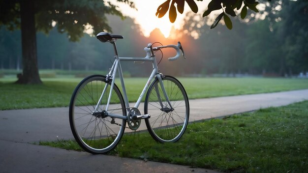 Bicicleta branca de pé no parque manhã fitness solidão