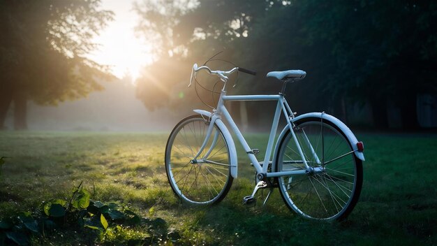 Bicicleta branca de pé no parque manhã fitness solidão