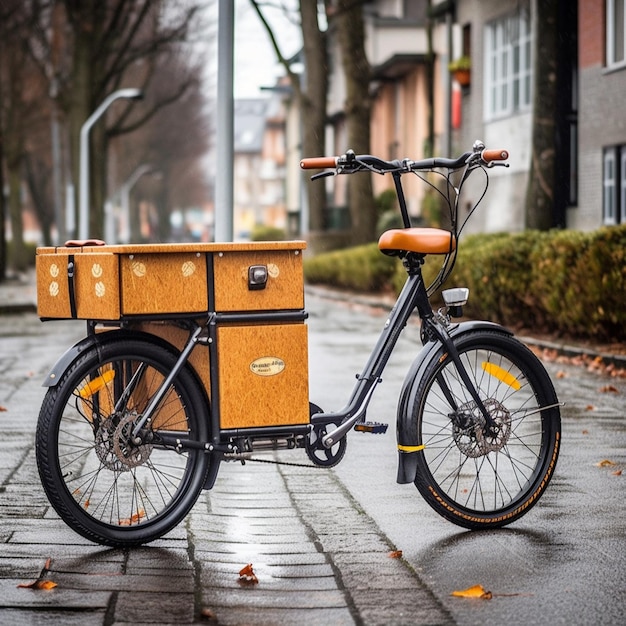 Una bicicleta con una caja en la parte delantera