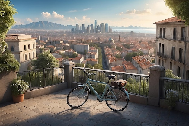 Foto bicicleta en la calle con vistas a la ciudad