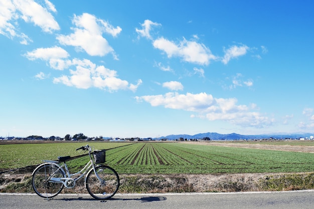 Foto bicicleta con campo bajo el cielo azul