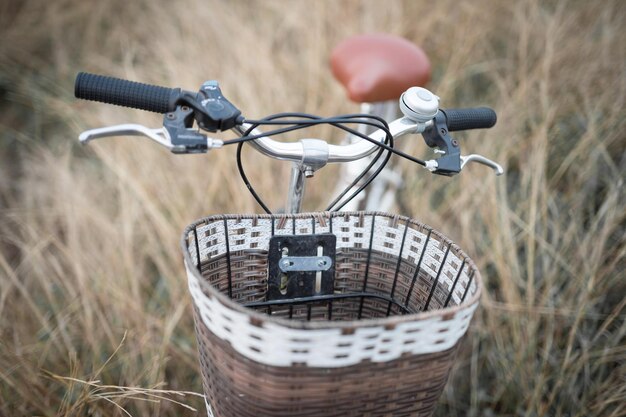 Bicicleta en el campo de hierba contra el cielo