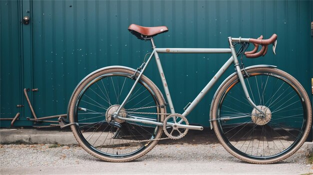 Una bicicleta con una canasta está apoyada contra una pared verde.