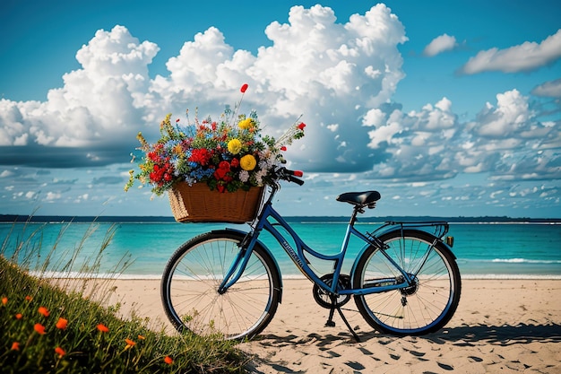 Bicicleta con una canasta de flores en la costa del mar sobre arena blanca ai generativo