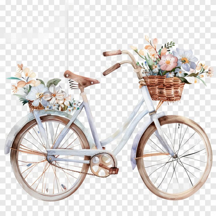 una bicicleta con una canasta de flores en ella y una canasta con una caja de flores