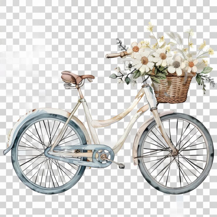 una bicicleta con una canasta de flores en ella