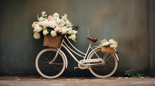 una bicicleta con una canasta de flores en el frente