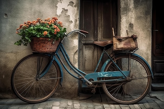 Una bicicleta con una canasta de flores.