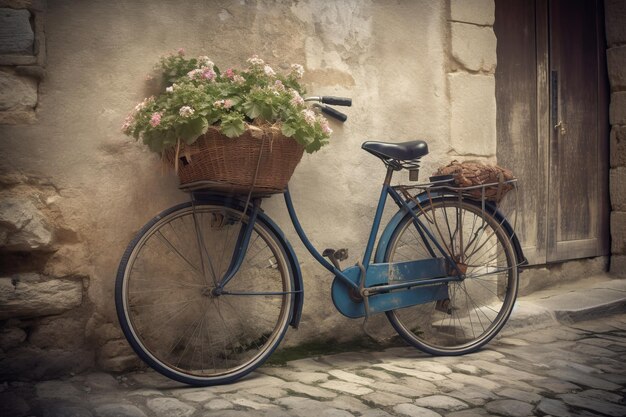 Una bicicleta con una canasta de flores.