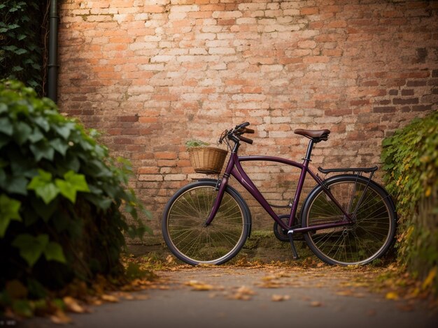 Una bicicleta con una canasta en la parte delantera está estacionada frente a una pared de ladrillos.