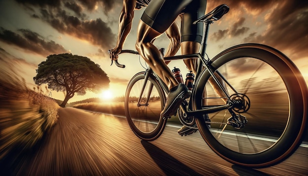 Foto bicicleta de carreras desde atrás en la carretera del país al atardecer