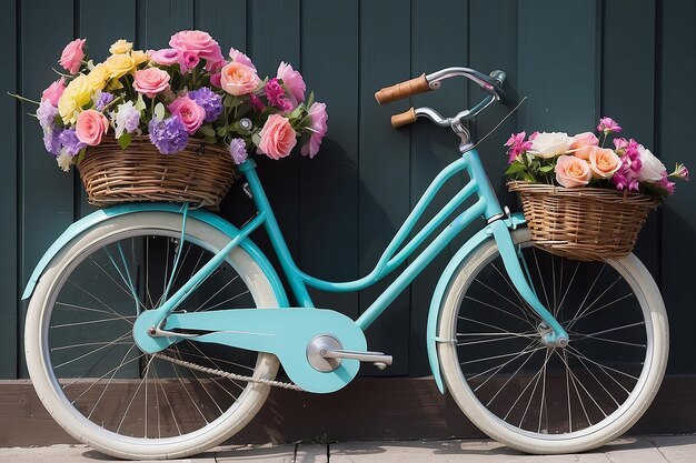 Bicicleta de cerca con flores en la canasta