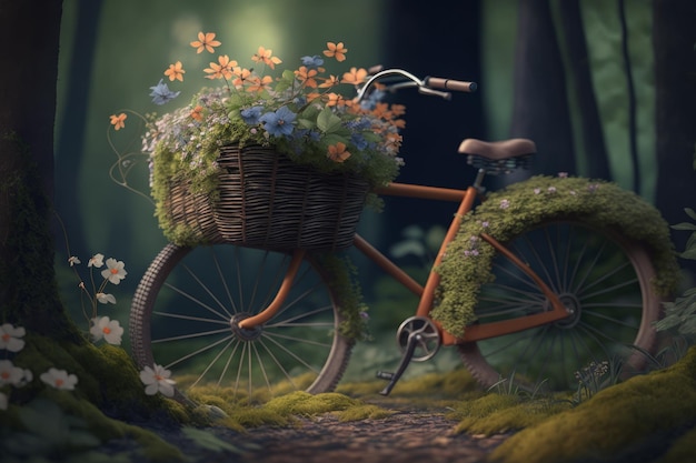 Bicicleta con cesta de flores en el bosque.